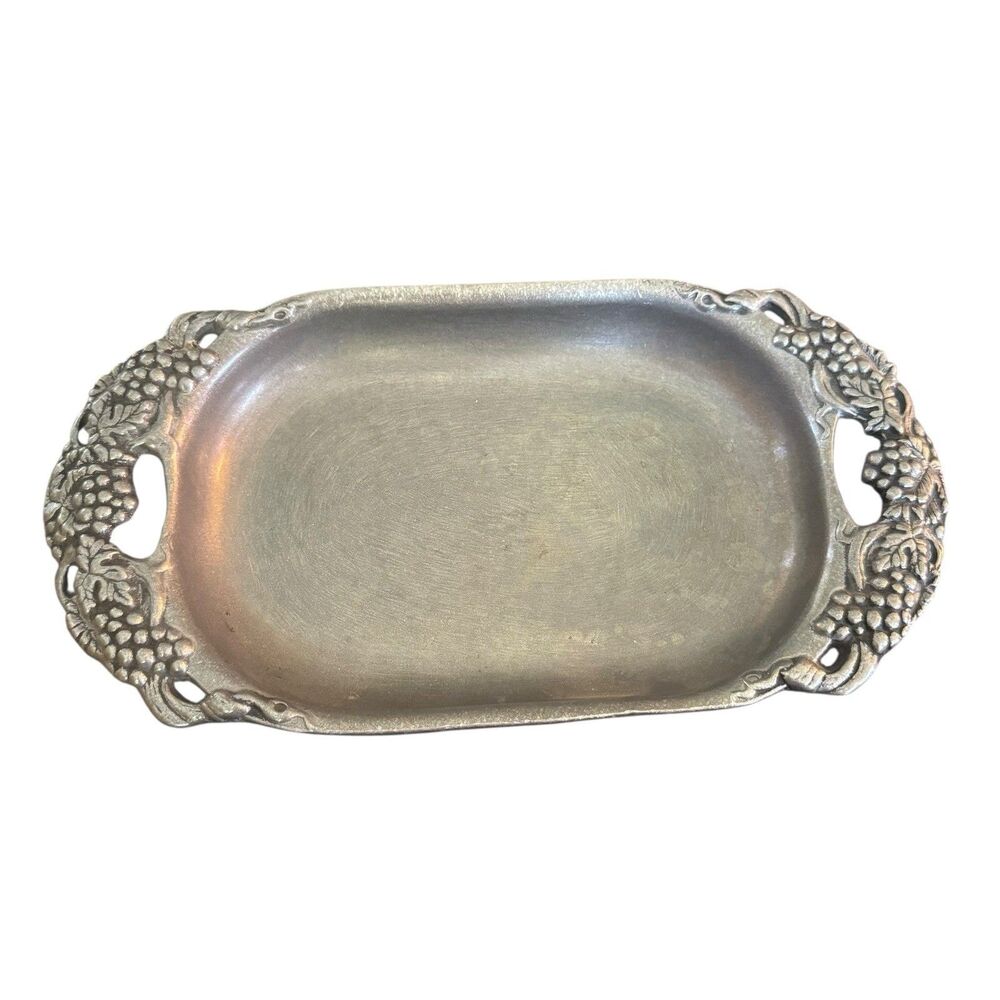 Vintage Pewter Serving Tray Dish Ornate Grape Handles 11.5"‎